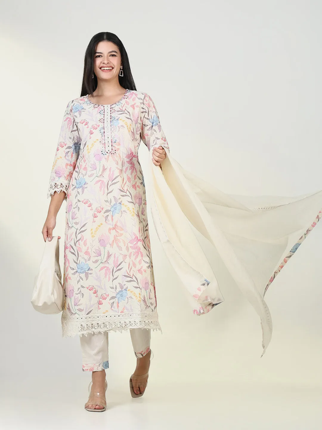 Women Ethnic Floral Cream Kurta Set with Dupatta