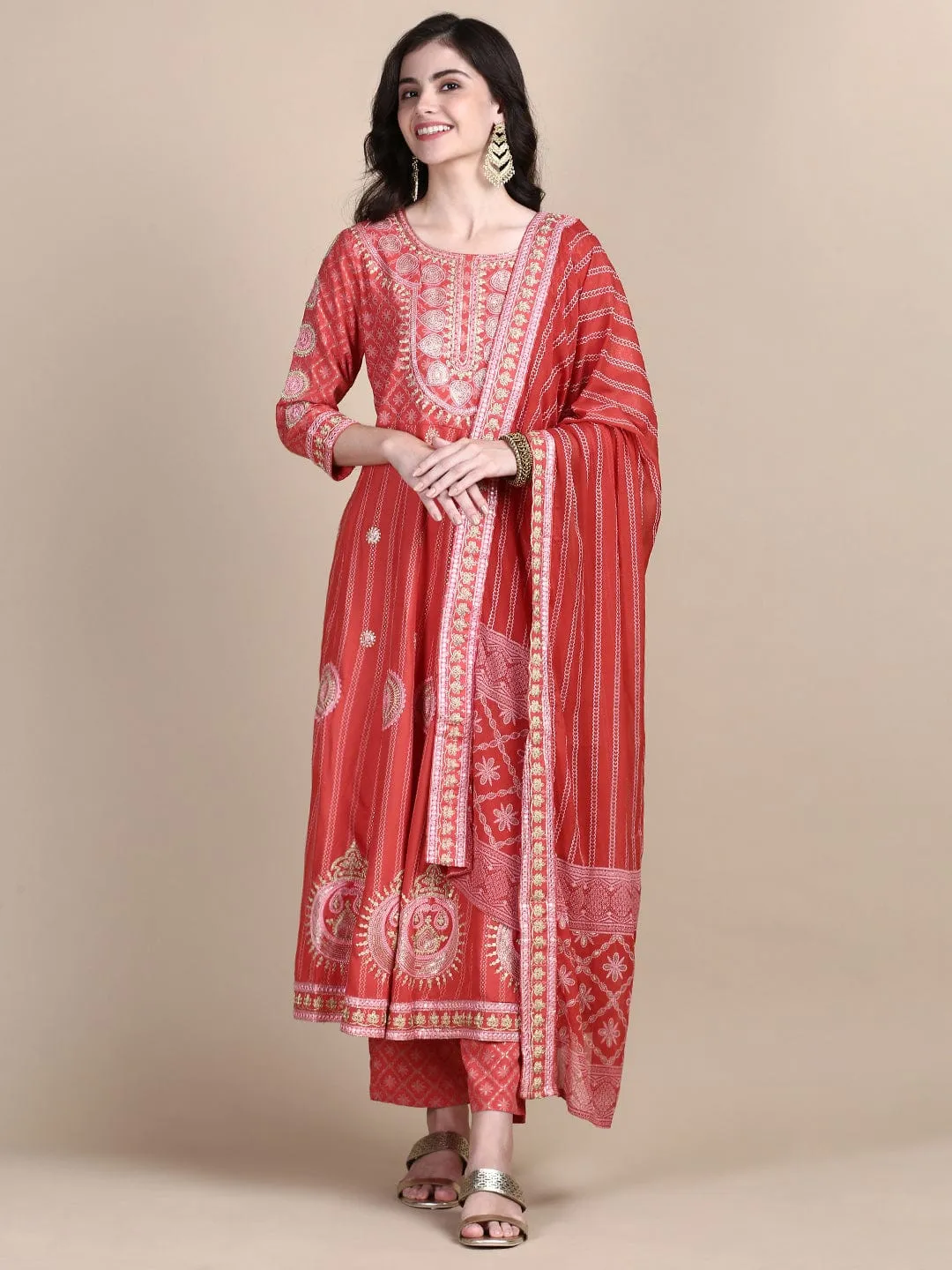 Women Ethnic Motifs Coral Anarkali Kurta Set with Dupatta & Potli Bag