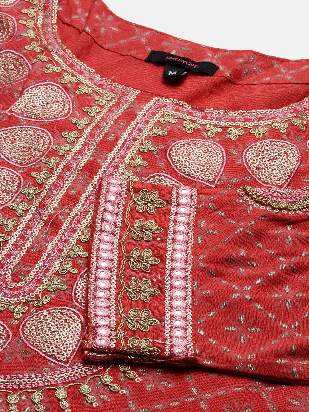 Women Ethnic Motifs Coral Anarkali Kurta Set with Dupatta & Potli Bag