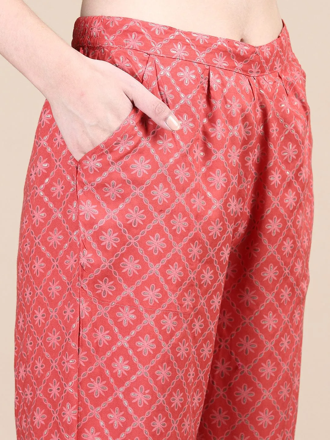 Women Ethnic Motifs Coral Anarkali Kurta Set with Dupatta & Potli Bag
