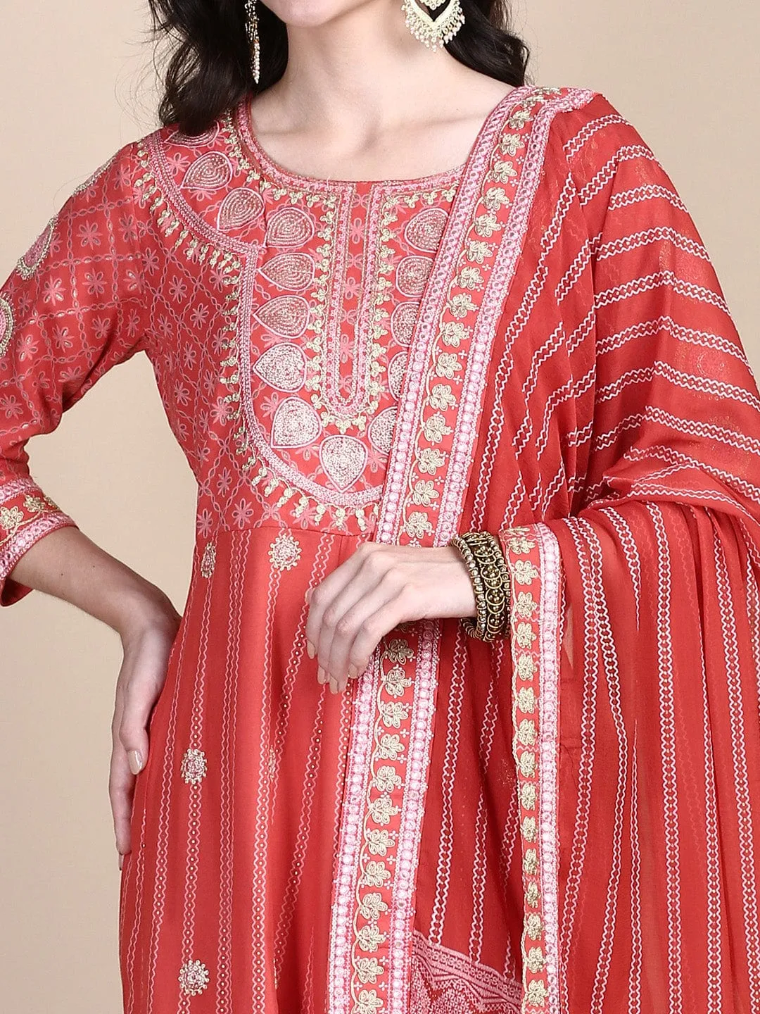 Women Ethnic Motifs Coral Anarkali Kurta Set with Dupatta & Potli Bag