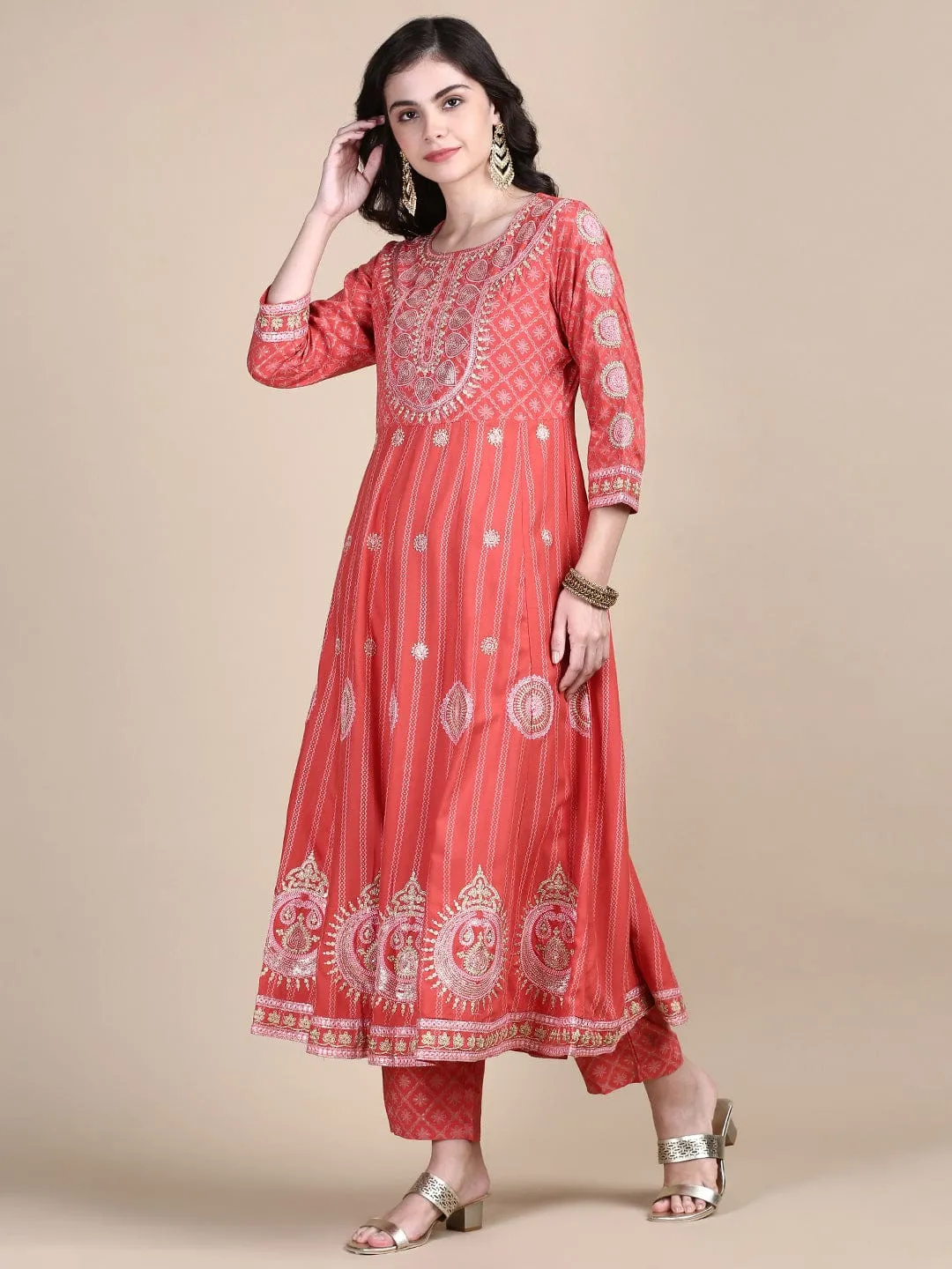 Women Ethnic Motifs Coral Anarkali Kurta Set with Dupatta & Potli Bag