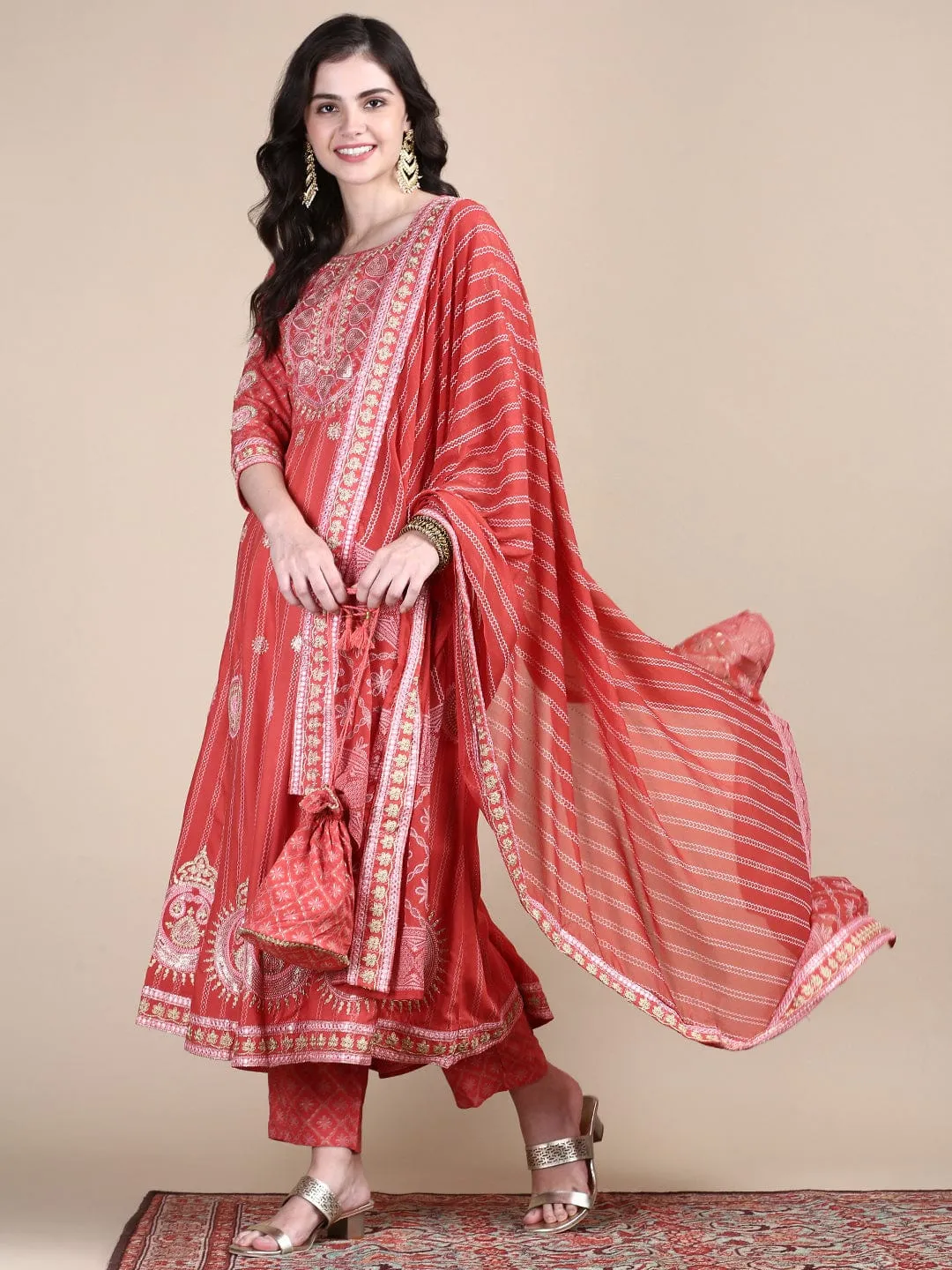 Women Ethnic Motifs Coral Anarkali Kurta Set with Dupatta & Potli Bag
