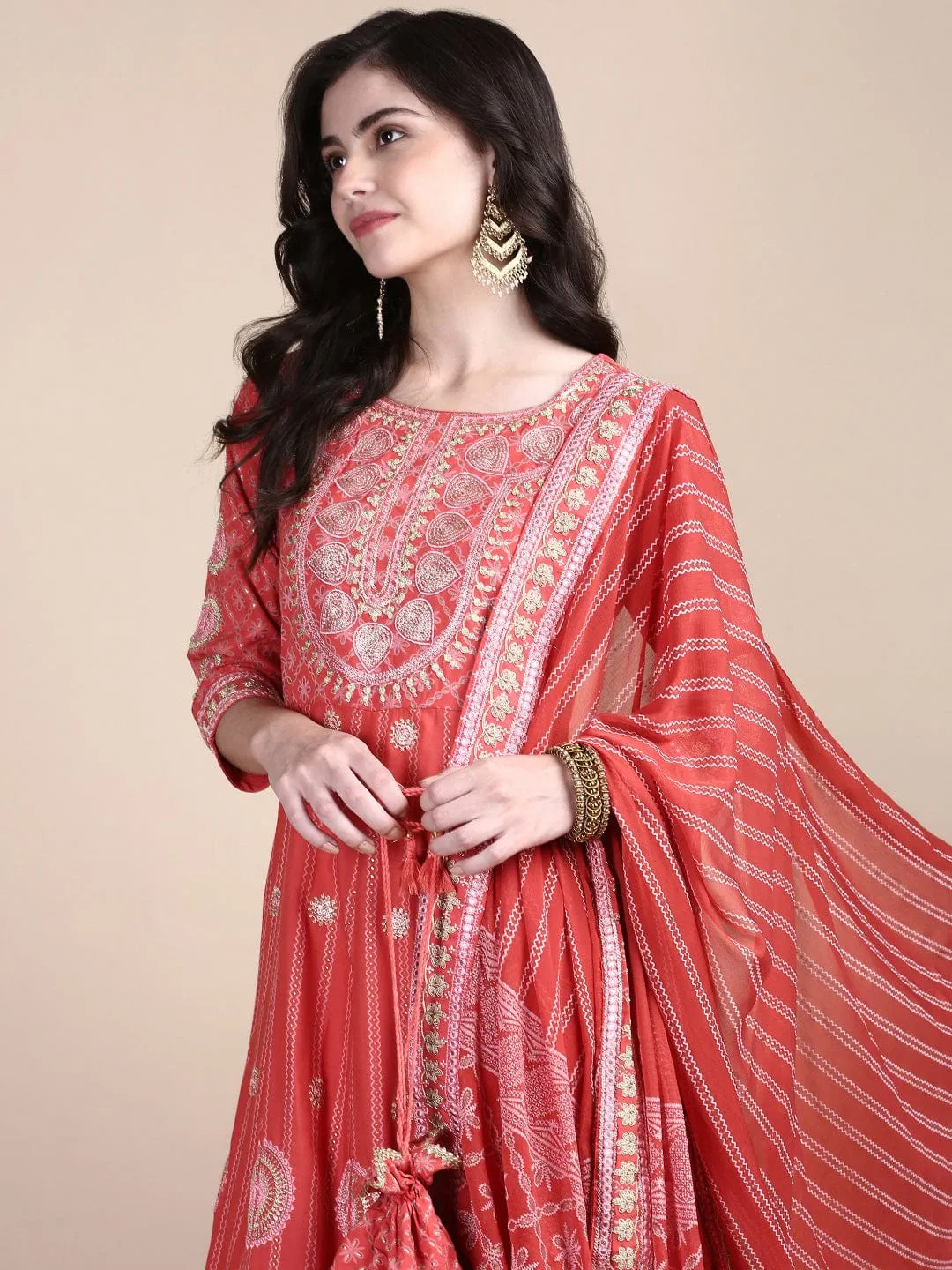Women Ethnic Motifs Coral Anarkali Kurta Set with Dupatta & Potli Bag