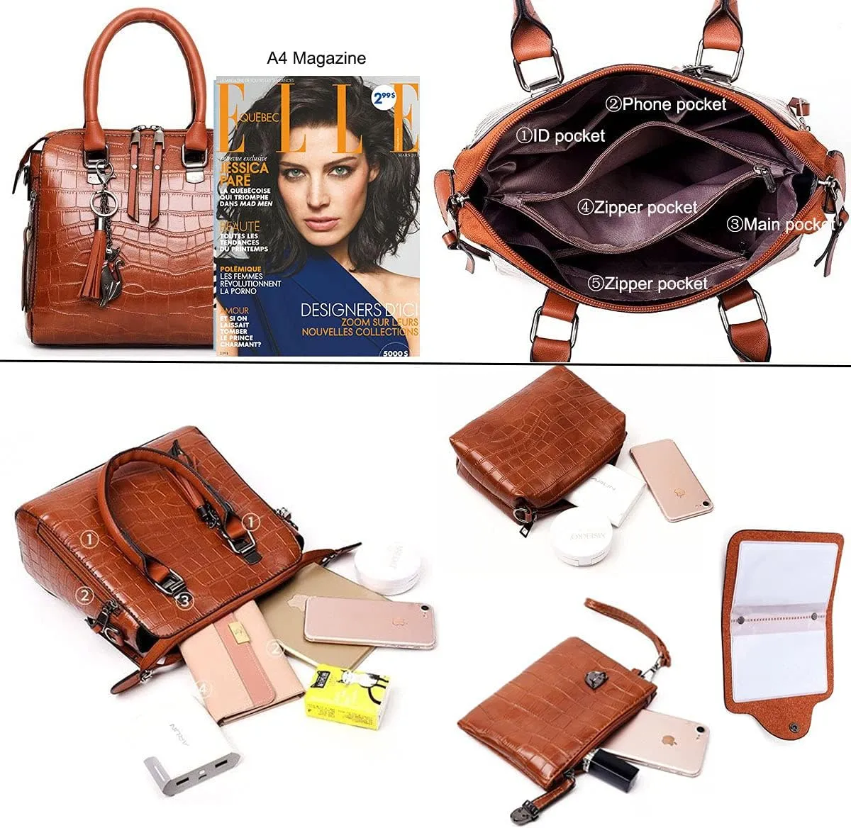 Women Fashion Handbags Tassel Pendant Wallet Tote Bag Shoulder Bag Top Handle Satchel Purse Set 4pcs