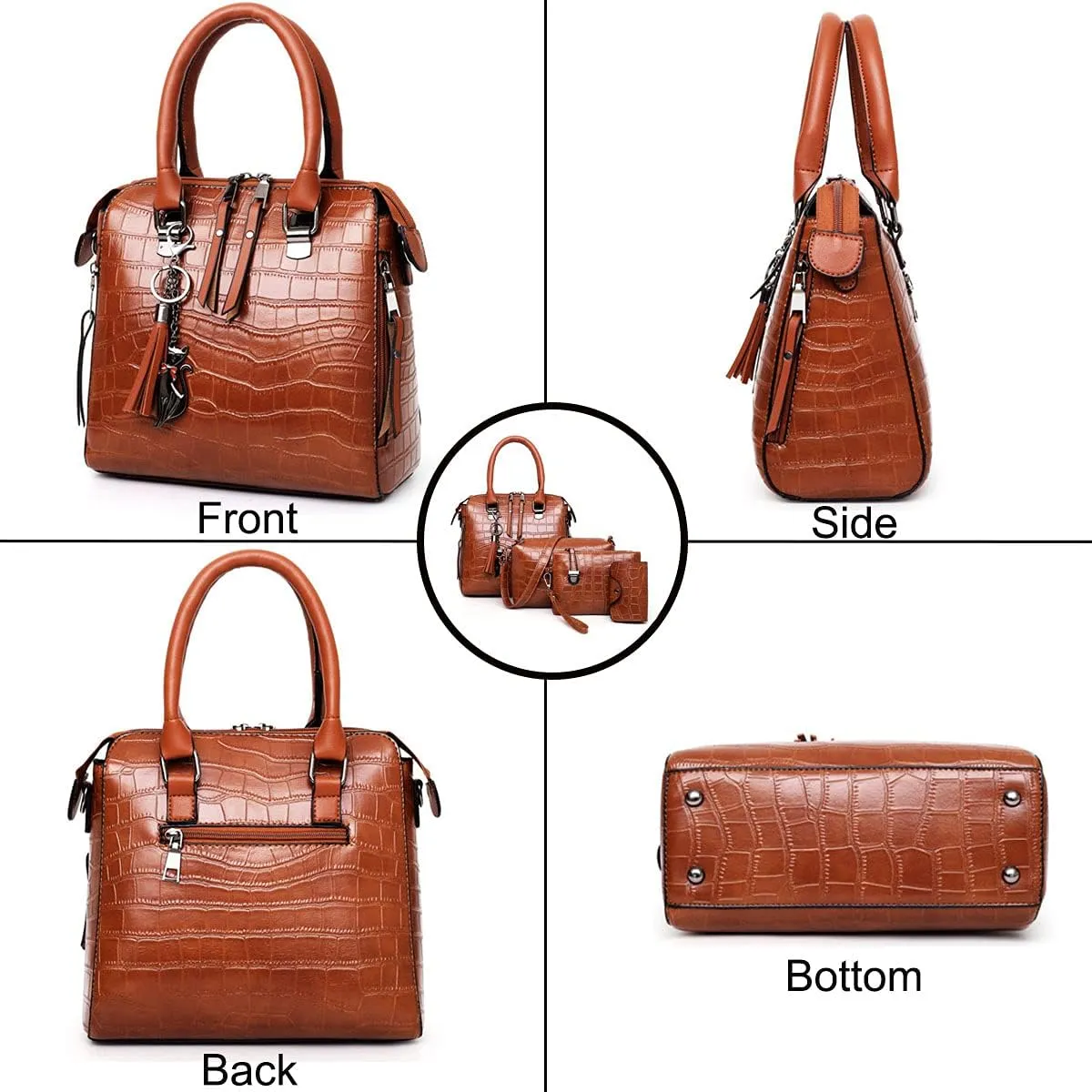Women Fashion Handbags Tassel Pendant Wallet Tote Bag Shoulder Bag Top Handle Satchel Purse Set 4pcs