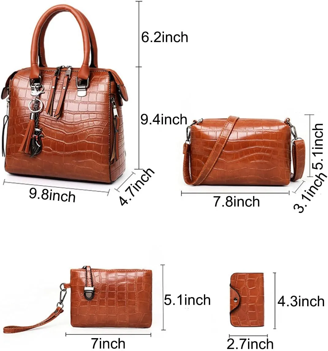 Women Fashion Handbags Tassel Pendant Wallet Tote Bag Shoulder Bag Top Handle Satchel Purse Set 4pcs