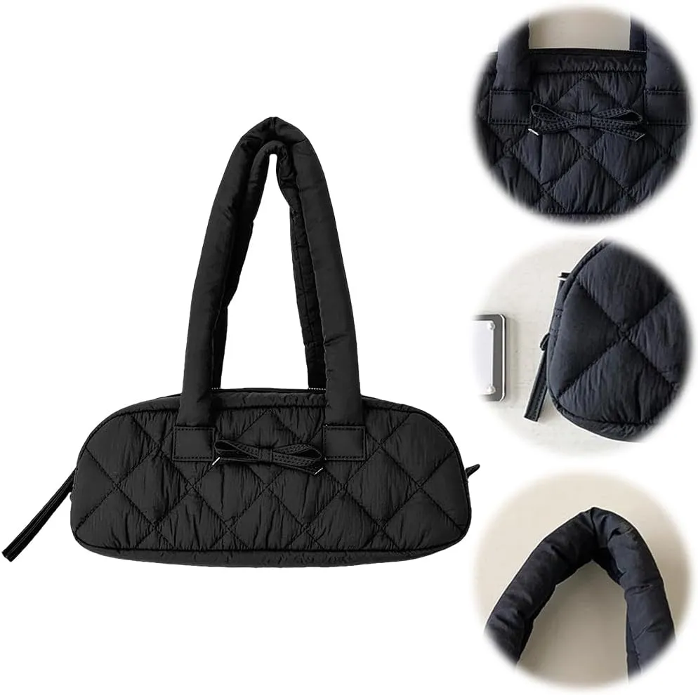 Women Handbag Quilted Nylon Satchel Purse Bowknot Hobo Bag with Inner Pockets Puffer Bag for Shopping Work Travel