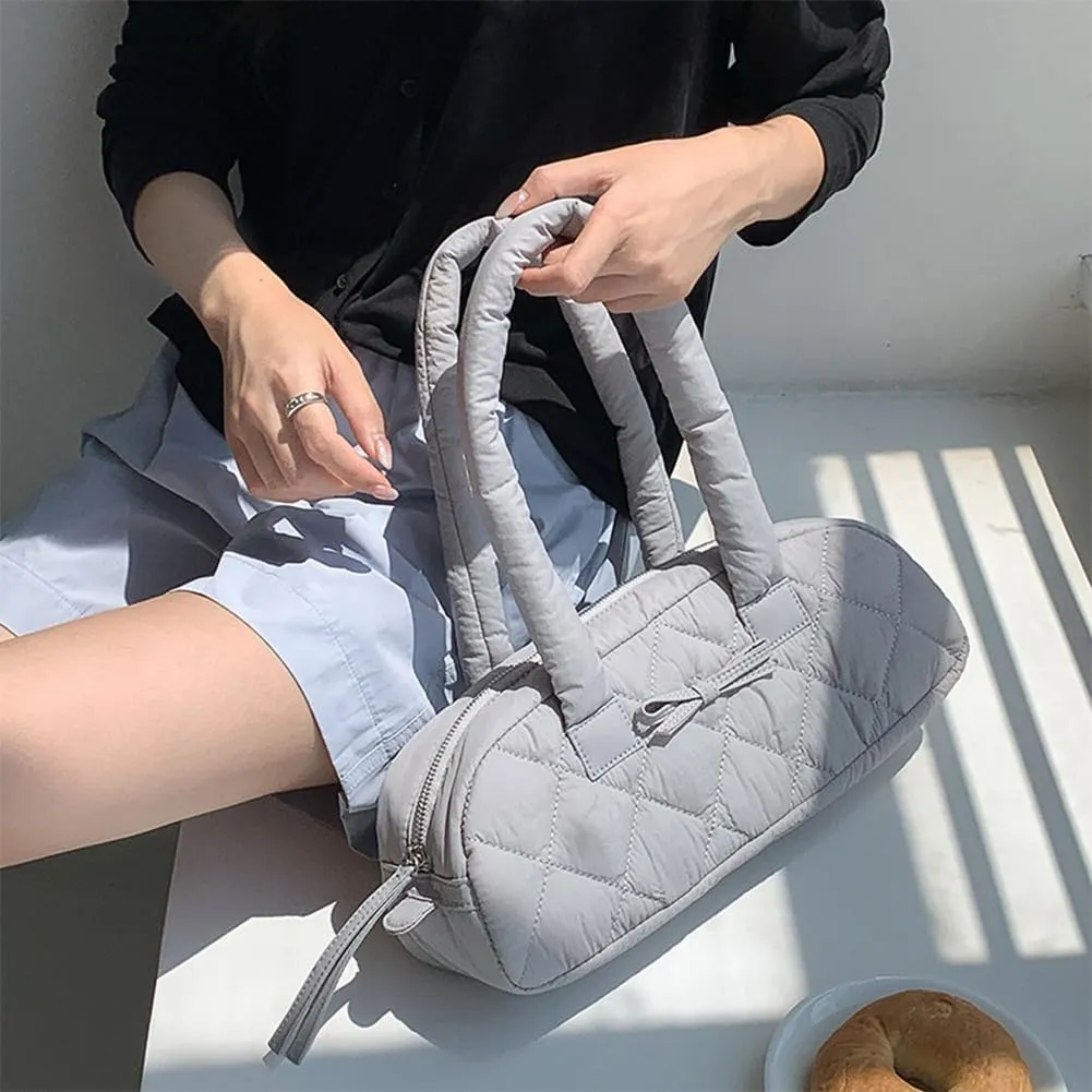 Women Handbag Quilted Nylon Satchel Purse Bowknot Hobo Bag with Inner Pockets Puffer Bag for Shopping Work Travel