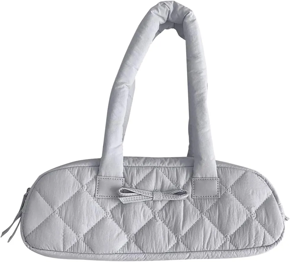 Women Handbag Quilted Nylon Satchel Purse Bowknot Hobo Bag with Inner Pockets Puffer Bag for Shopping Work Travel