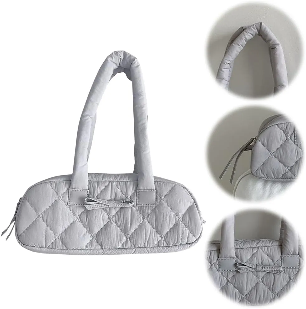 Women Handbag Quilted Nylon Satchel Purse Bowknot Hobo Bag with Inner Pockets Puffer Bag for Shopping Work Travel