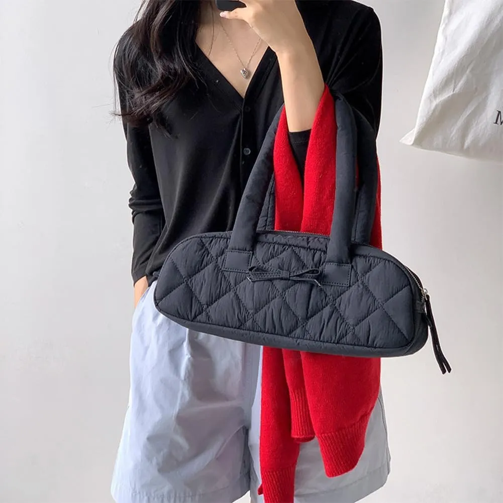 Women Handbag Quilted Nylon Satchel Purse Bowknot Hobo Bag with Inner Pockets Puffer Bag for Shopping Work Travel