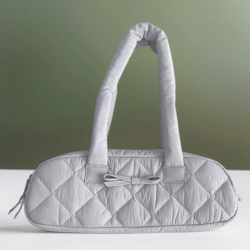 Women Handbag Quilted Nylon Satchel Purse Bowknot Hobo Bag with Inner Pockets Puffer Bag for Shopping Work Travel
