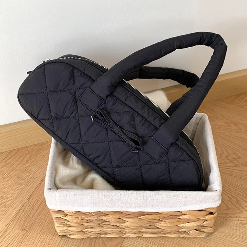 Women Handbag Quilted Nylon Satchel Purse Bowknot Hobo Bag with Inner Pockets Puffer Bag for Shopping Work Travel