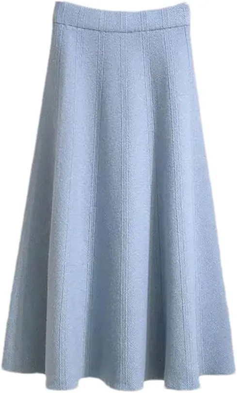 Women Knitted Midi Skirts Female Soft Warm Pleated A-Line Skirt Ladies High Waist Skirts