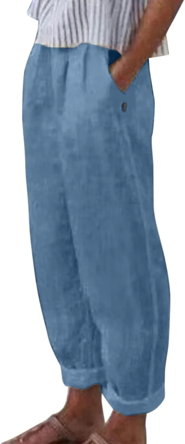 Women Linen Blend Summer Trendy Pant Trousers Elastic Waist Ankle Length Slim Fit Pant Trousers Beach