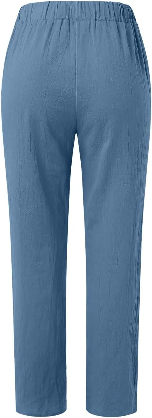 Women Linen Blend Summer Trendy Pant Trousers Elastic Waist Ankle Length Slim Fit Pant Trousers Beach