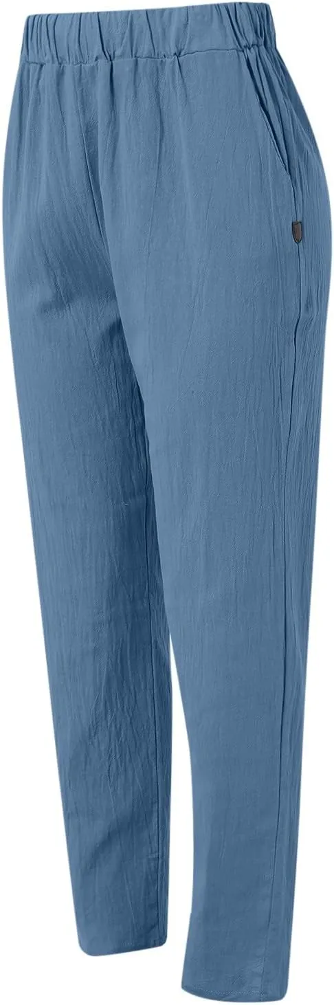 Women Linen Blend Summer Trendy Pant Trousers Elastic Waist Ankle Length Slim Fit Pant Trousers Beach