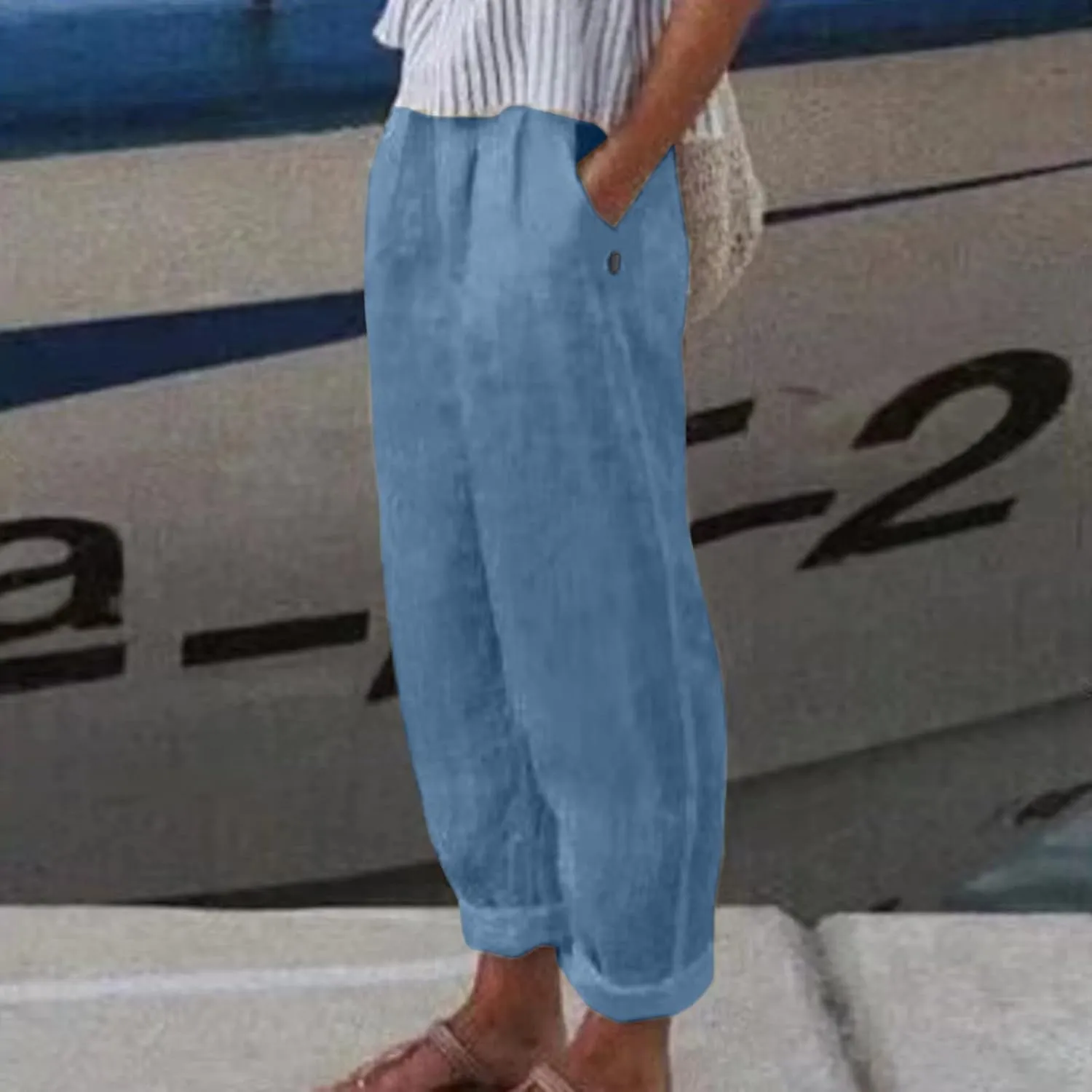 Women Linen Blend Summer Trendy Pant Trousers Elastic Waist Ankle Length Slim Fit Pant Trousers Beach