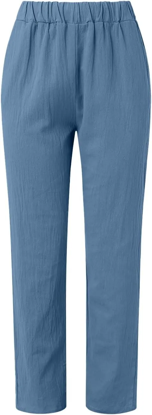 Women Linen Blend Summer Trendy Pant Trousers Elastic Waist Ankle Length Slim Fit Pant Trousers Beach