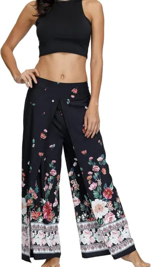 Women Linen High Waist Loose Harem Pants Flared Bottom Wide Leg Palazzo Casual Floral Print Beach Boho Trousers