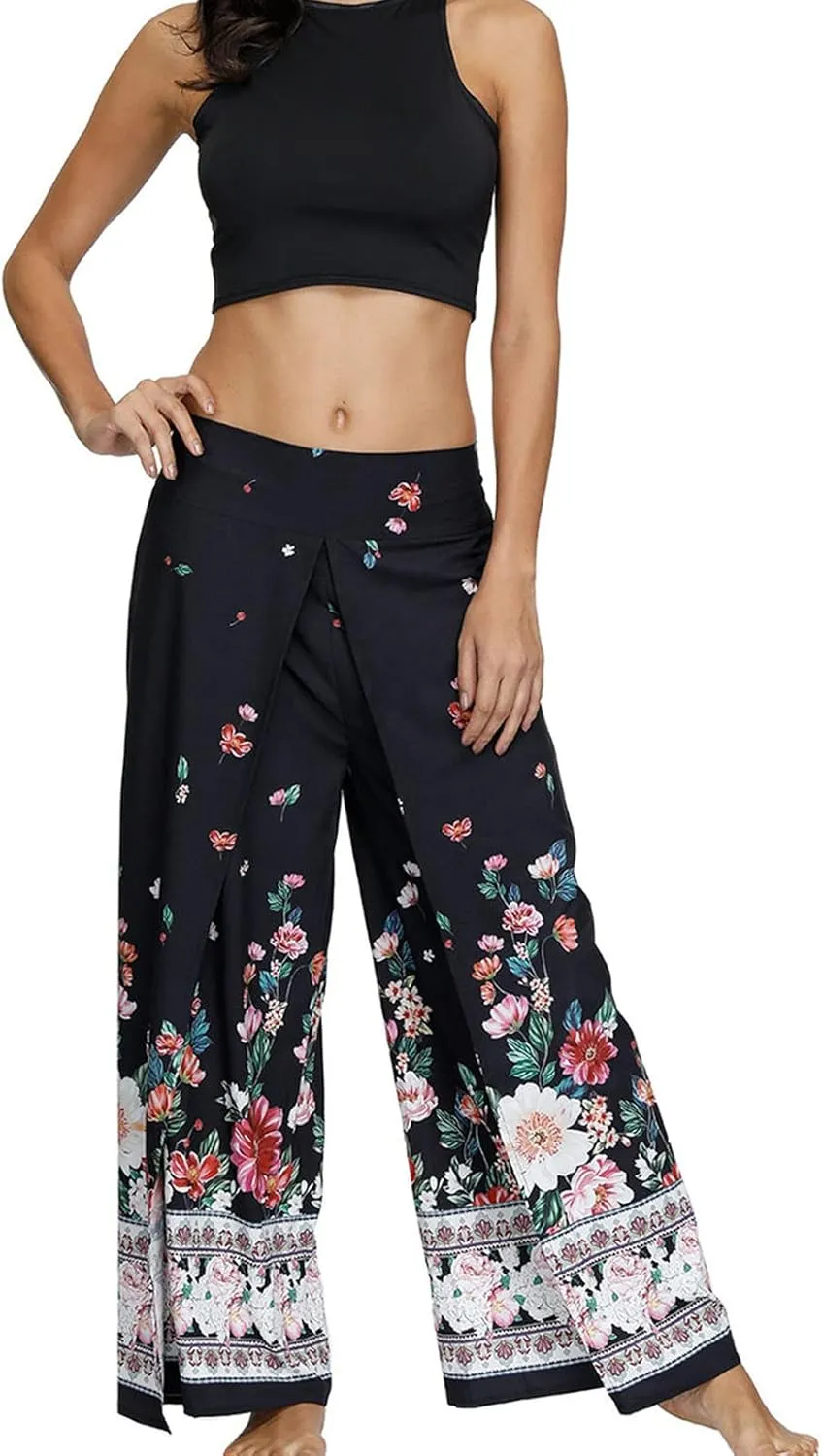 Women Linen High Waist Loose Harem Pants Flared Bottom Wide Leg Palazzo Casual Floral Print Beach Boho Trousers