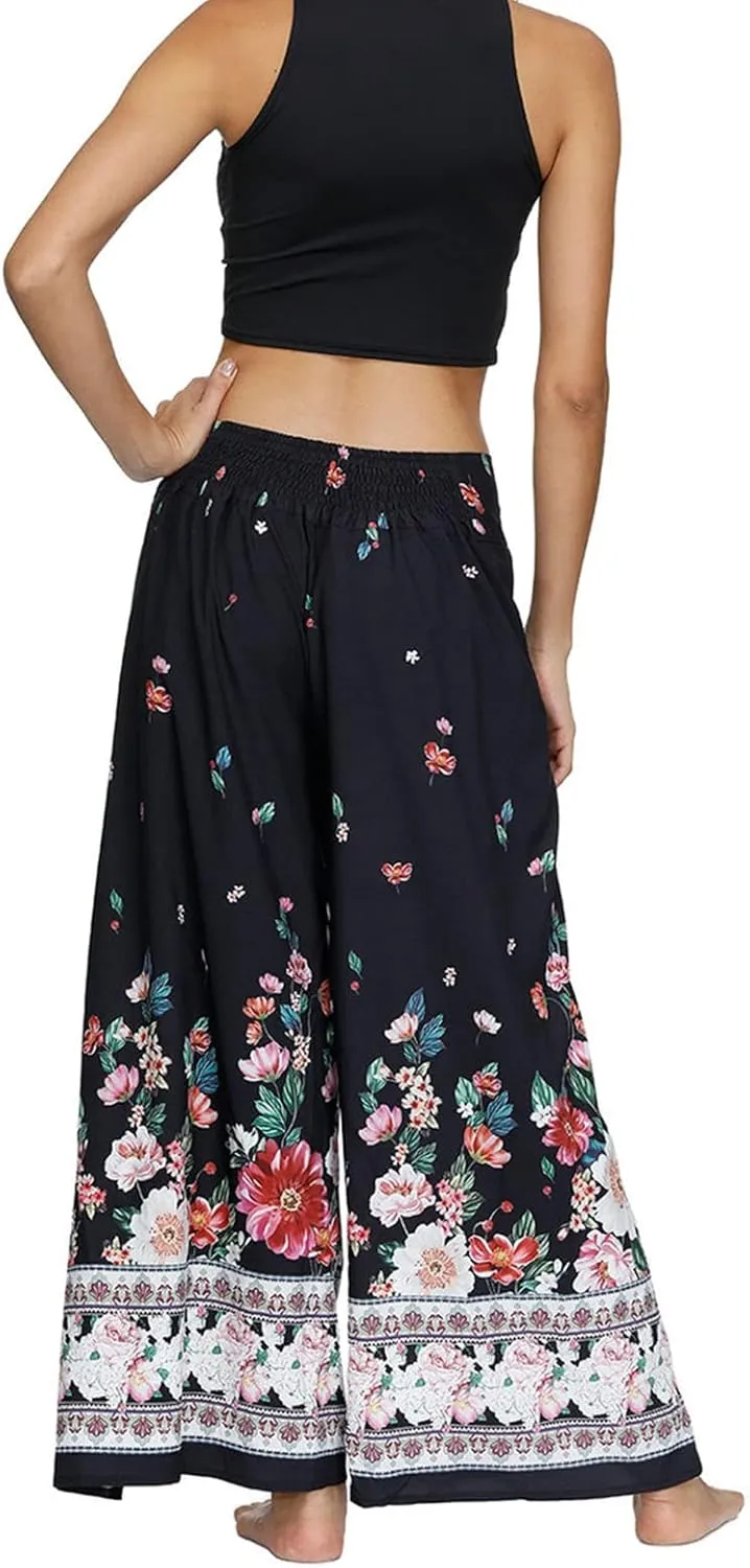 Women Linen High Waist Loose Harem Pants Flared Bottom Wide Leg Palazzo Casual Floral Print Beach Boho Trousers