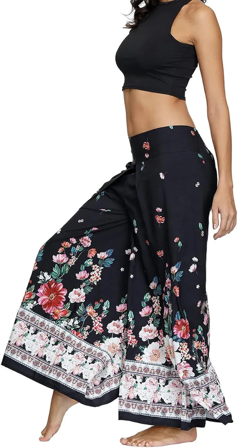 Women Linen High Waist Loose Harem Pants Flared Bottom Wide Leg Palazzo Casual Floral Print Beach Boho Trousers