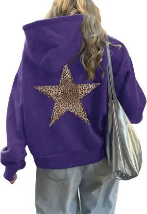Women Oversized Sweatshirt Leopard Star Hoodies Casual Long Sleeve Sweaters Thick Warm Tops Coat Fashion Fall Clothes