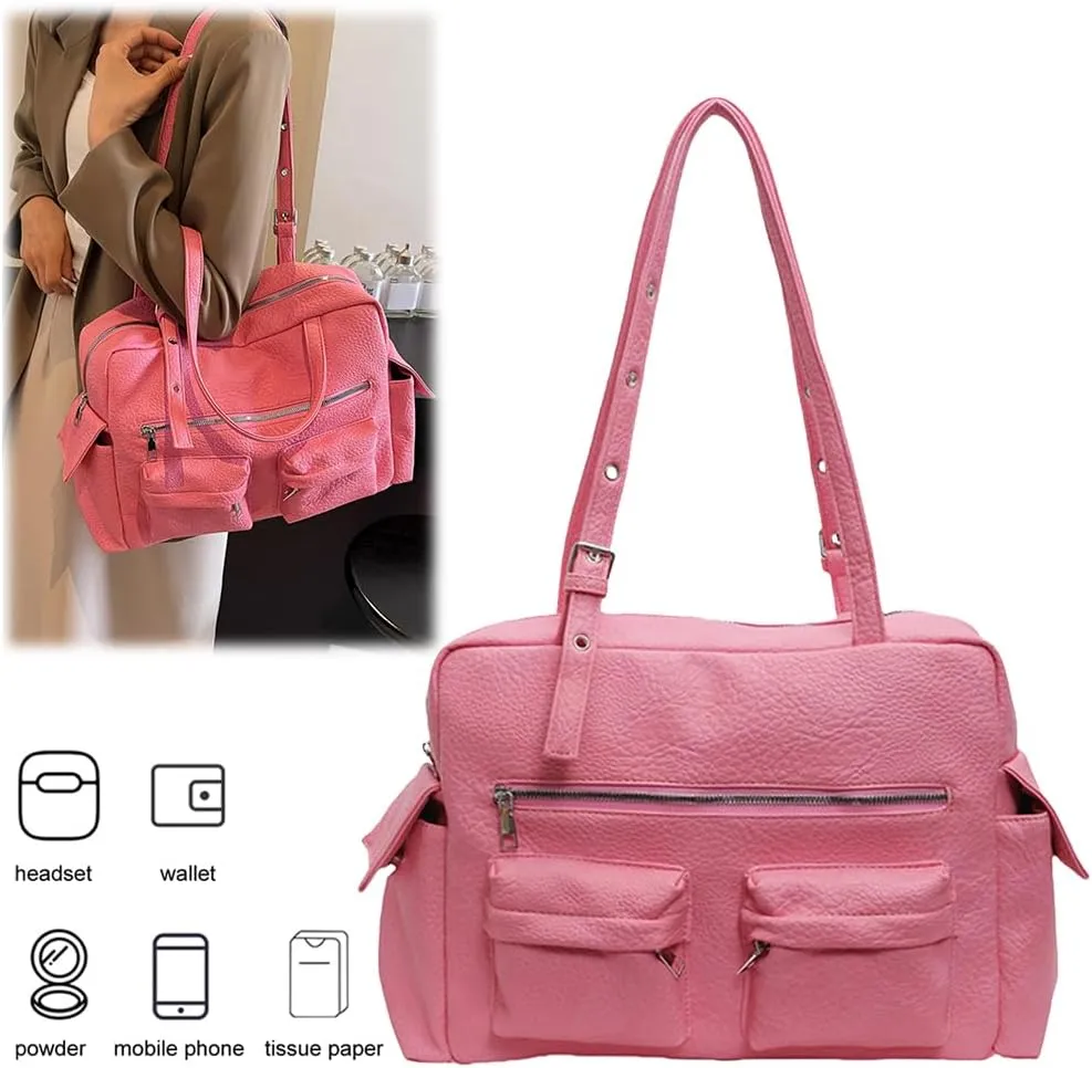 Women PU Leather Shoulder Bag with Multi-Pockets Underarm Bag Adjustable Strap Satchel Bag Solid Tote Bag for Work T