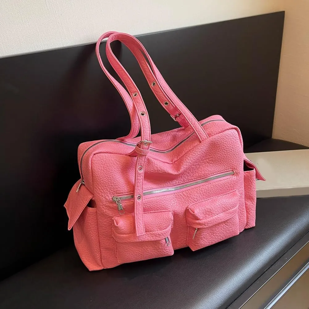 Women PU Leather Shoulder Bag with Multi-Pockets Underarm Bag Adjustable Strap Satchel Bag Solid Tote Bag for Work T