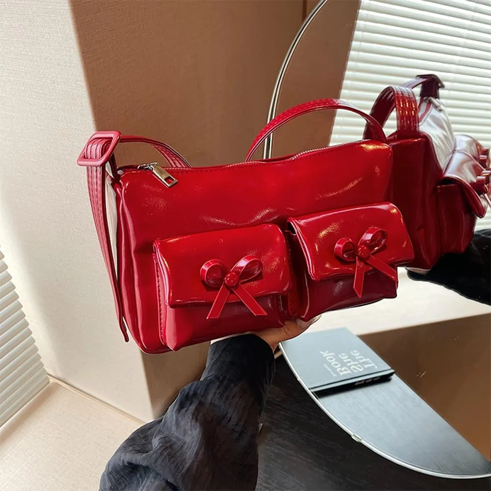 Women Shoulder Bag Bowknot PU Leather Satchel Purse with Multi Pocket Hobo Bag Adjustable Strap Clutch Purse Travel