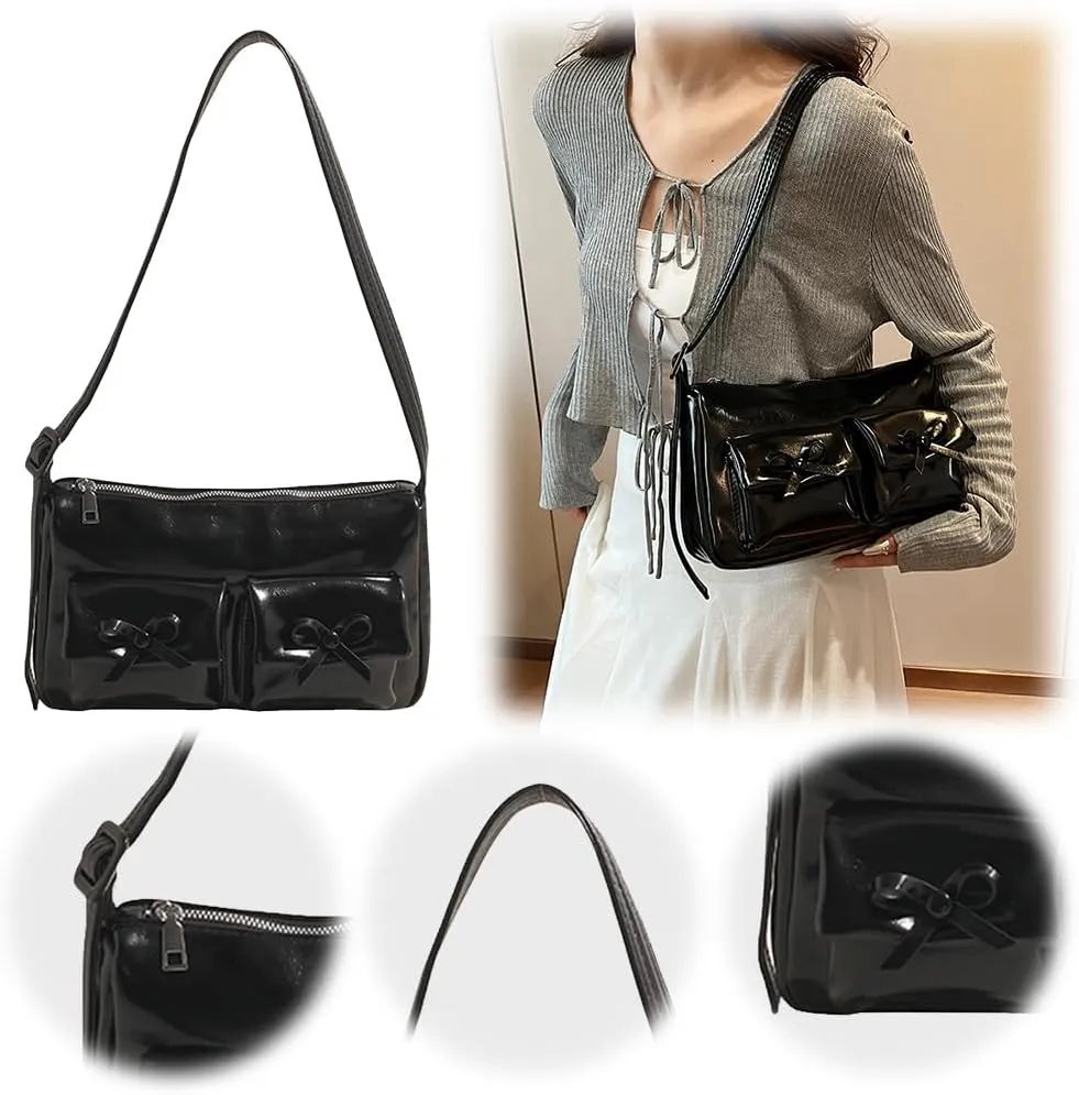 Women Shoulder Bag Bowknot PU Leather Satchel Purse with Multi Pocket Hobo Bag Adjustable Strap Clutch Purse Travel