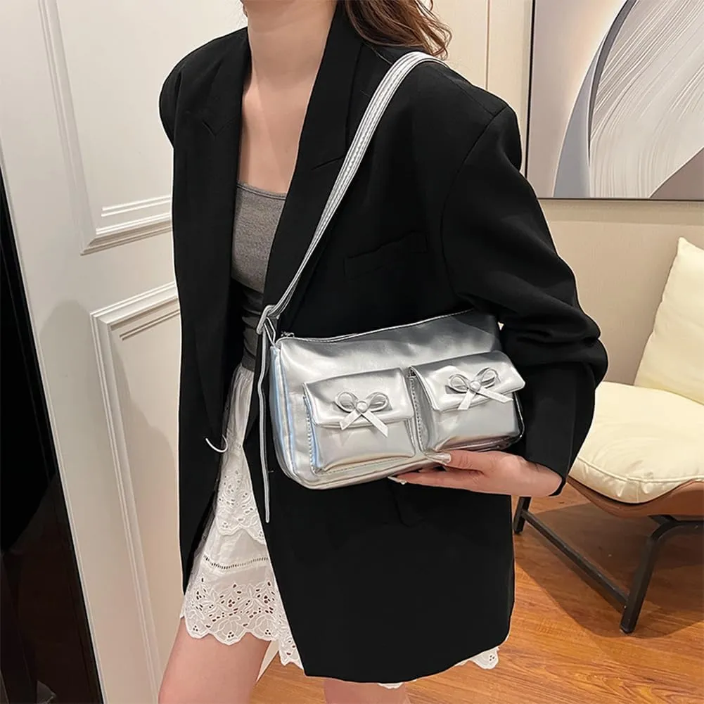 Women Shoulder Bag Bowknot PU Leather Satchel Purse with Multi Pocket Hobo Bag Adjustable Strap Clutch Purse Travel