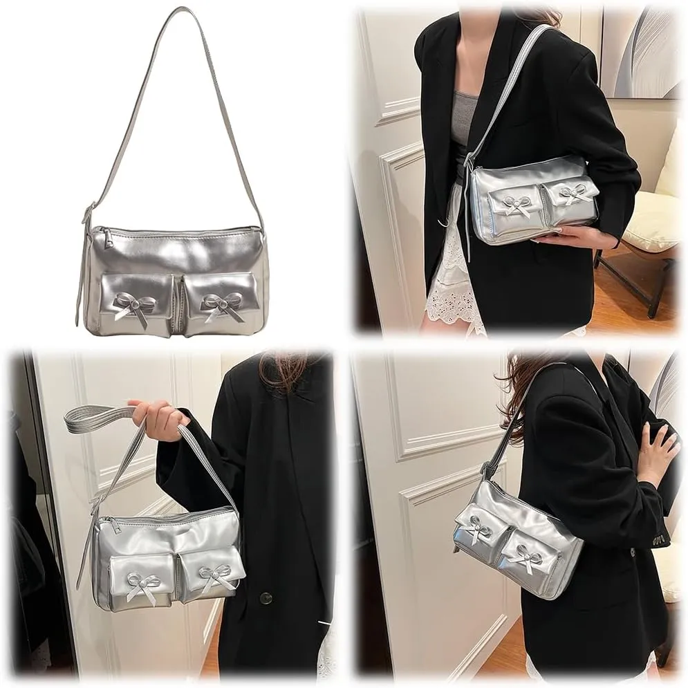 Women Shoulder Bag Bowknot PU Leather Satchel Purse with Multi Pocket Hobo Bag Adjustable Strap Clutch Purse Travel