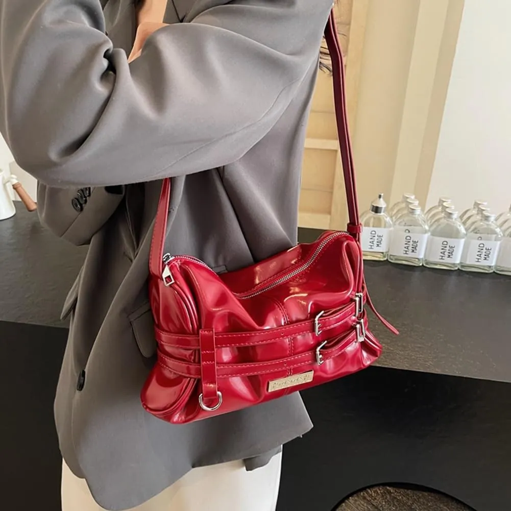 Women Shoulder Bag Double Belted Strap PU Leather Crossbody Bag Solid Color Satchel Purse Zipper Clutch Purse Travel