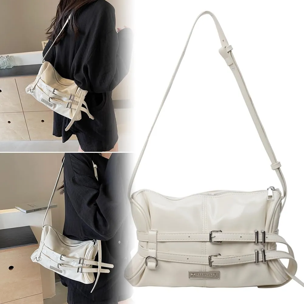 Women Shoulder Bag Double Belted Strap PU Leather Crossbody Bag Solid Color Satchel Purse Zipper Clutch Purse Travel
