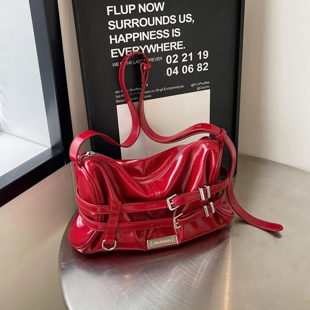 Women Shoulder Bag Double Belted Strap PU Leather Crossbody Bag Solid Color Satchel Purse Zipper Clutch Purse Travel