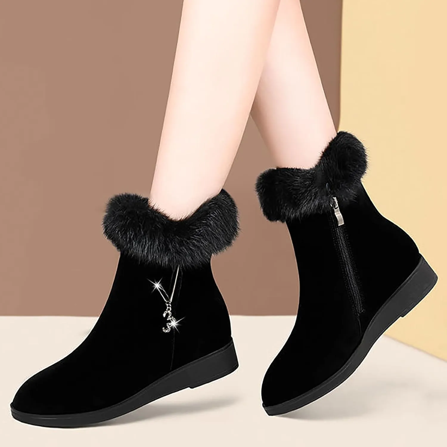 Women Snow Boots Waterproof Anti-slip Winter Boots Classic Fuzzy Fur Booties Lightweight Slip on Ankle Boots Comfortable Winter Shoes Trekking Shoes