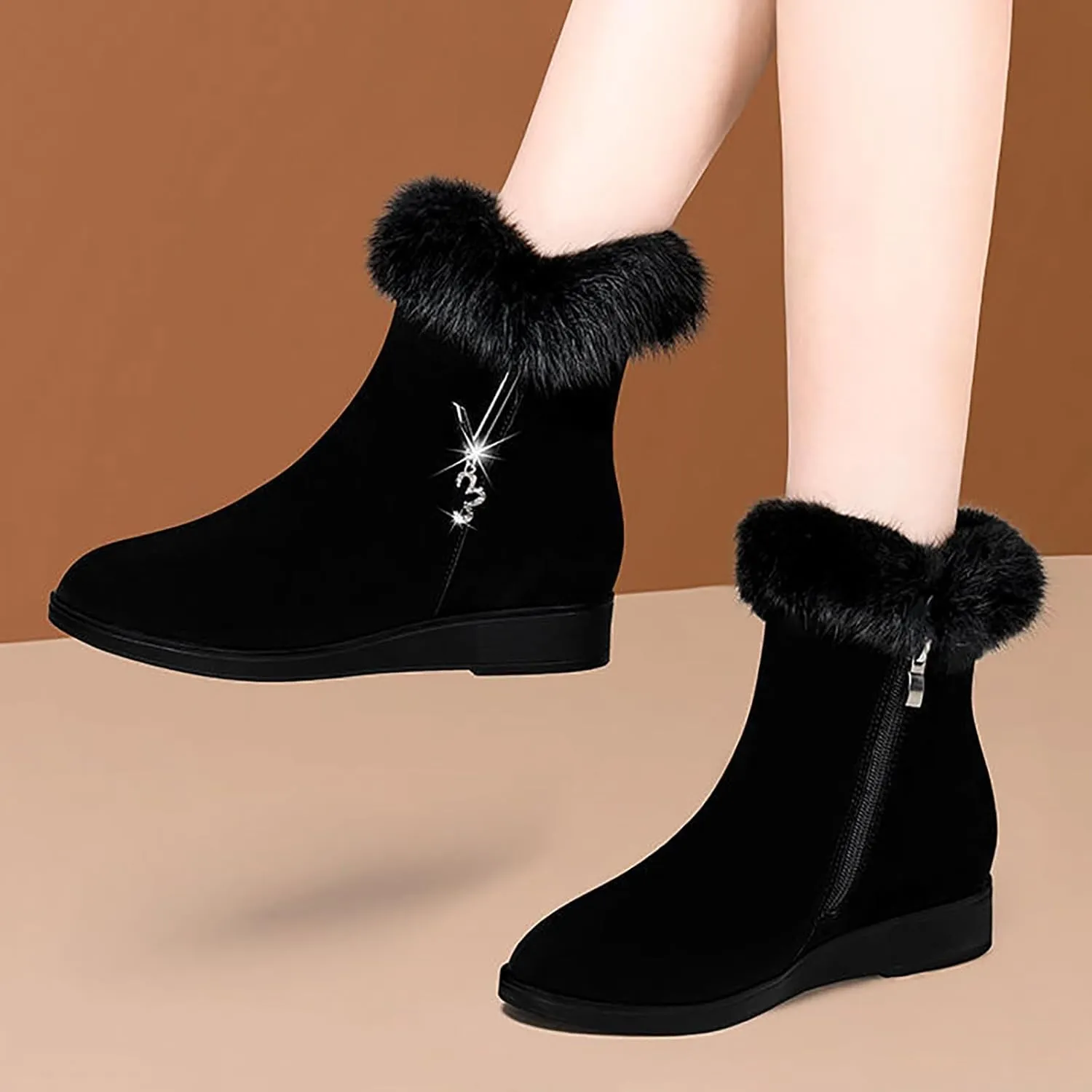 Women Snow Boots Waterproof Anti-slip Winter Boots Classic Fuzzy Fur Booties Lightweight Slip on Ankle Boots Comfortable Winter Shoes Trekking Shoes