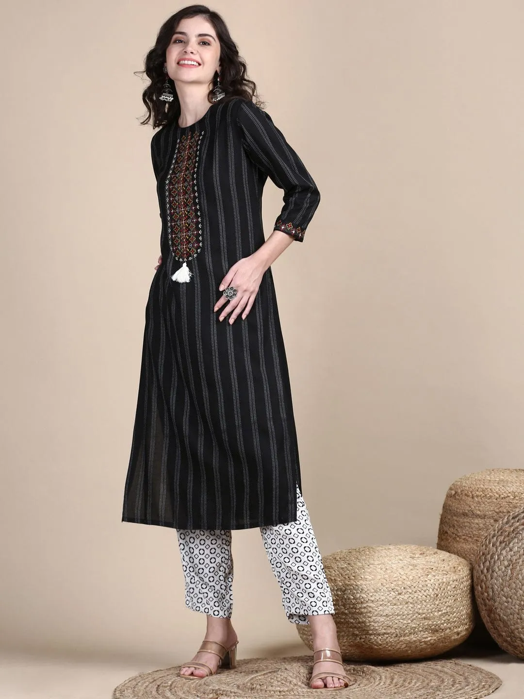 Women Striped Black Straight Kurta Set