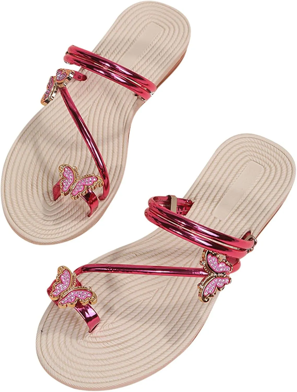 Women Summer Casual Flat Sandals Cute Slides Rhinestone & Butterfly Decor Toe Ring Clip Toe Thong Flip Flops Lightweight Comfy Beach Shoes Slipper