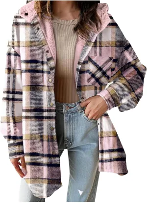 Women Wool Blend Trench Coat Plaid Trench Coat Fleece Sherpa Lined Shacket Jacket Hooded Oversized Color Block Hoodie