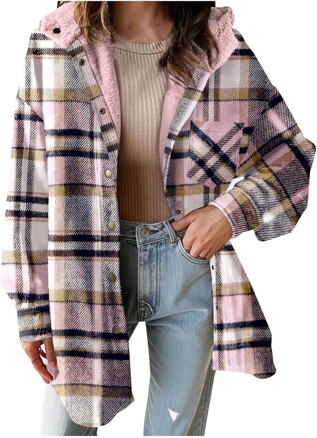 Women Wool Blend Trench Coat Plaid Trench Coat Fleece Sherpa Lined Shacket Jacket Hooded Oversized Color Block Hoodie