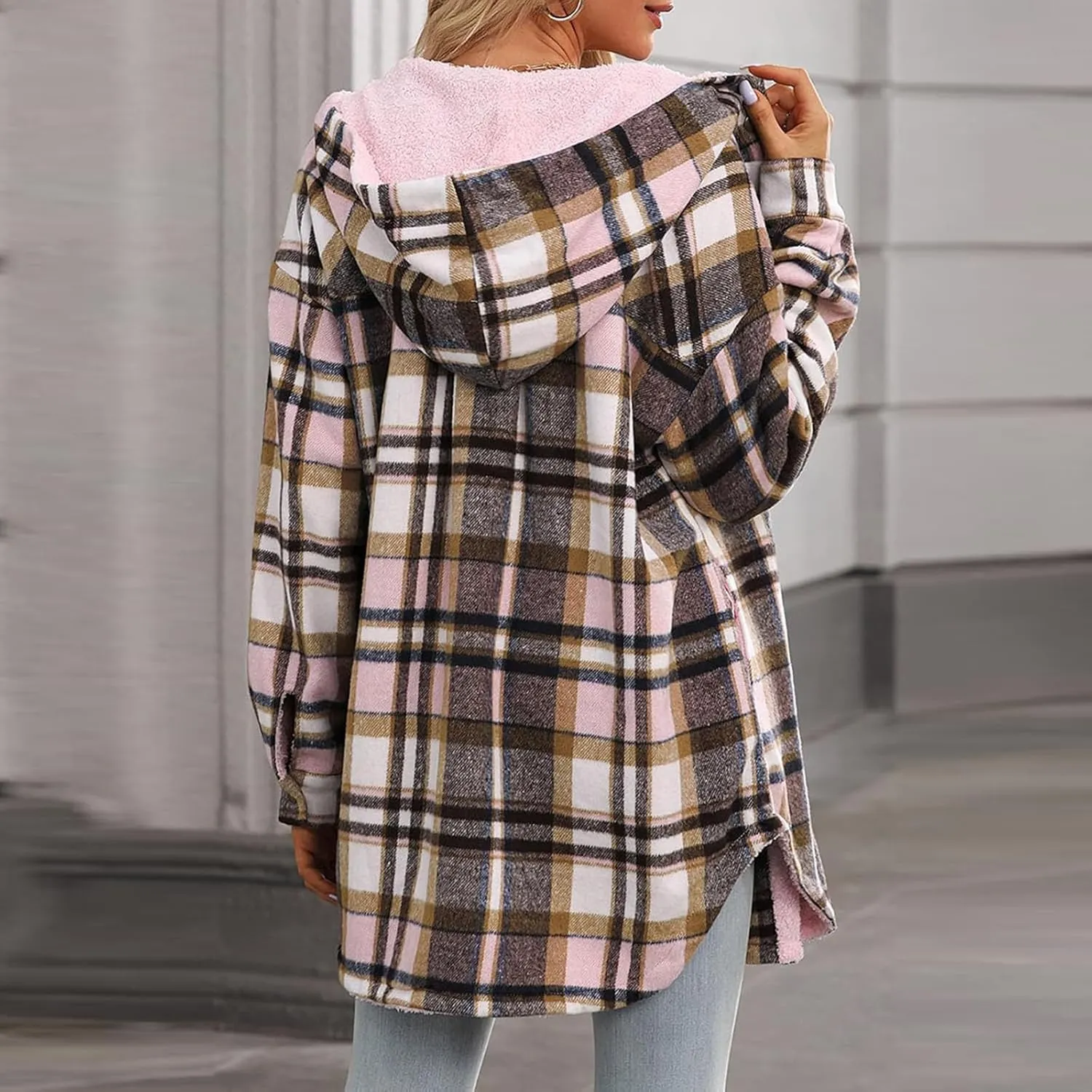 Women Wool Blend Trench Coat Plaid Trench Coat Fleece Sherpa Lined Shacket Jacket Hooded Oversized Color Block Hoodie