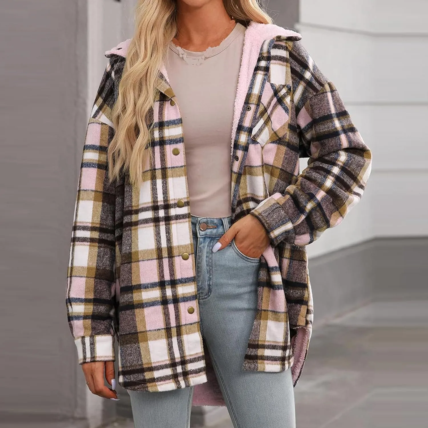 Women Wool Blend Trench Coat Plaid Trench Coat Fleece Sherpa Lined Shacket Jacket Hooded Oversized Color Block Hoodie