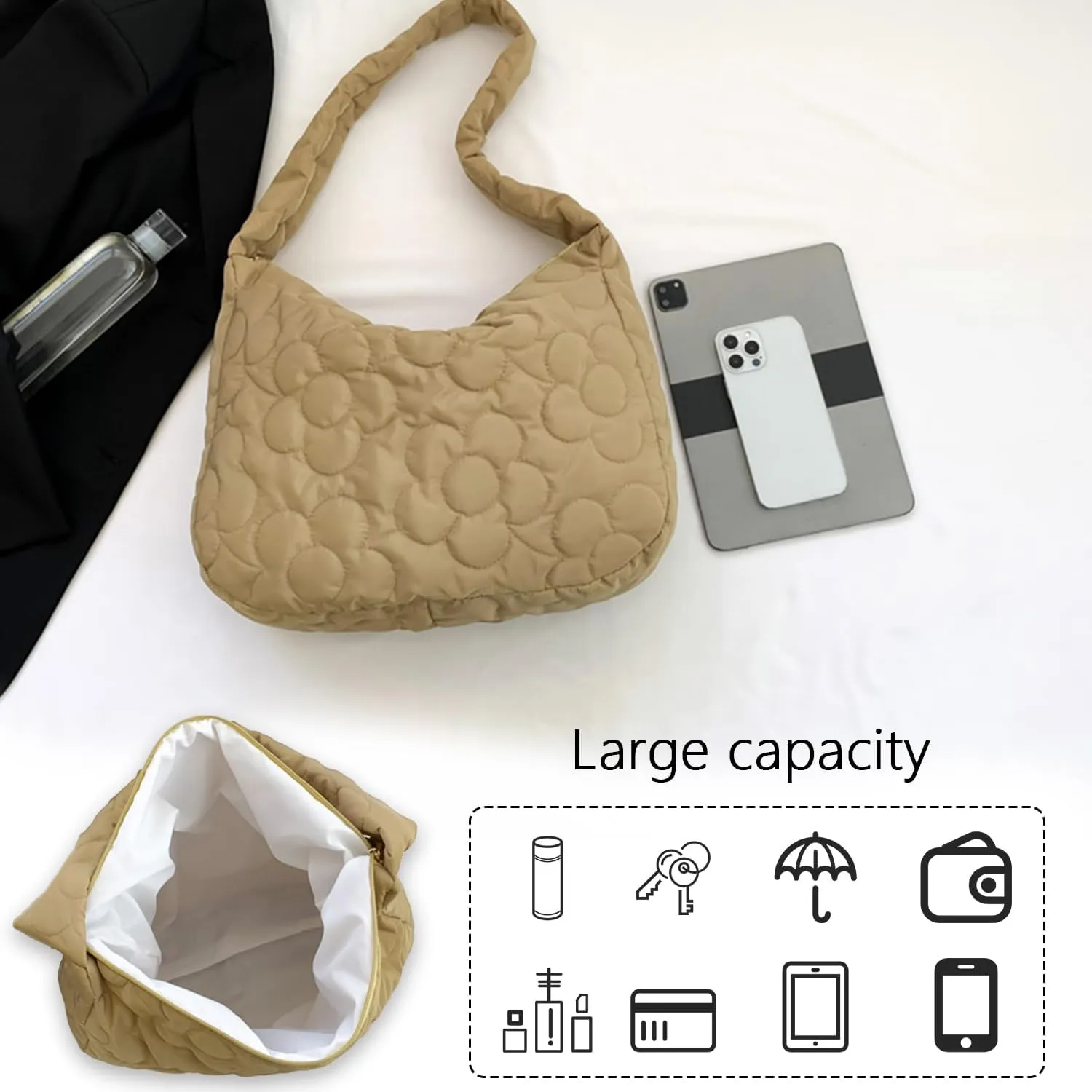 Women Zipper Satchel Bag Down Tote Handbag Quilted Shoulder Bag Lightweight Large Capacity Shopper Bag