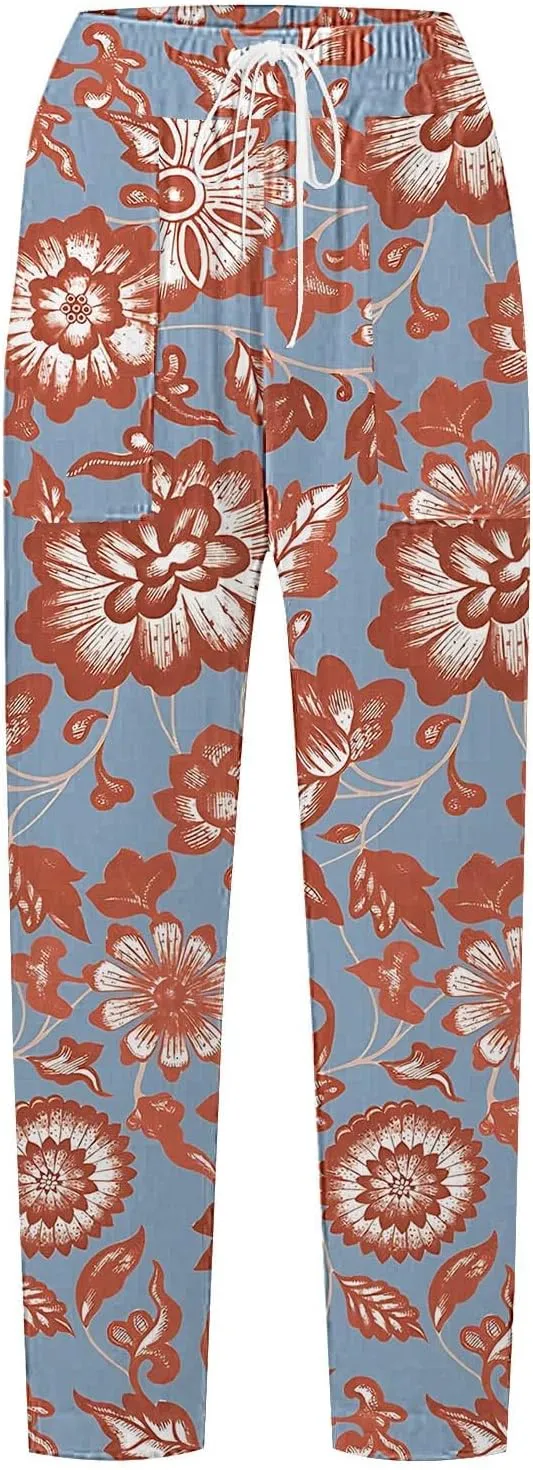Womens Boho Cotton Linen Trouser Floral Printed Elastic Waist Pull On Summer Beach Pants Plus Size Wide Leg Harem Pants