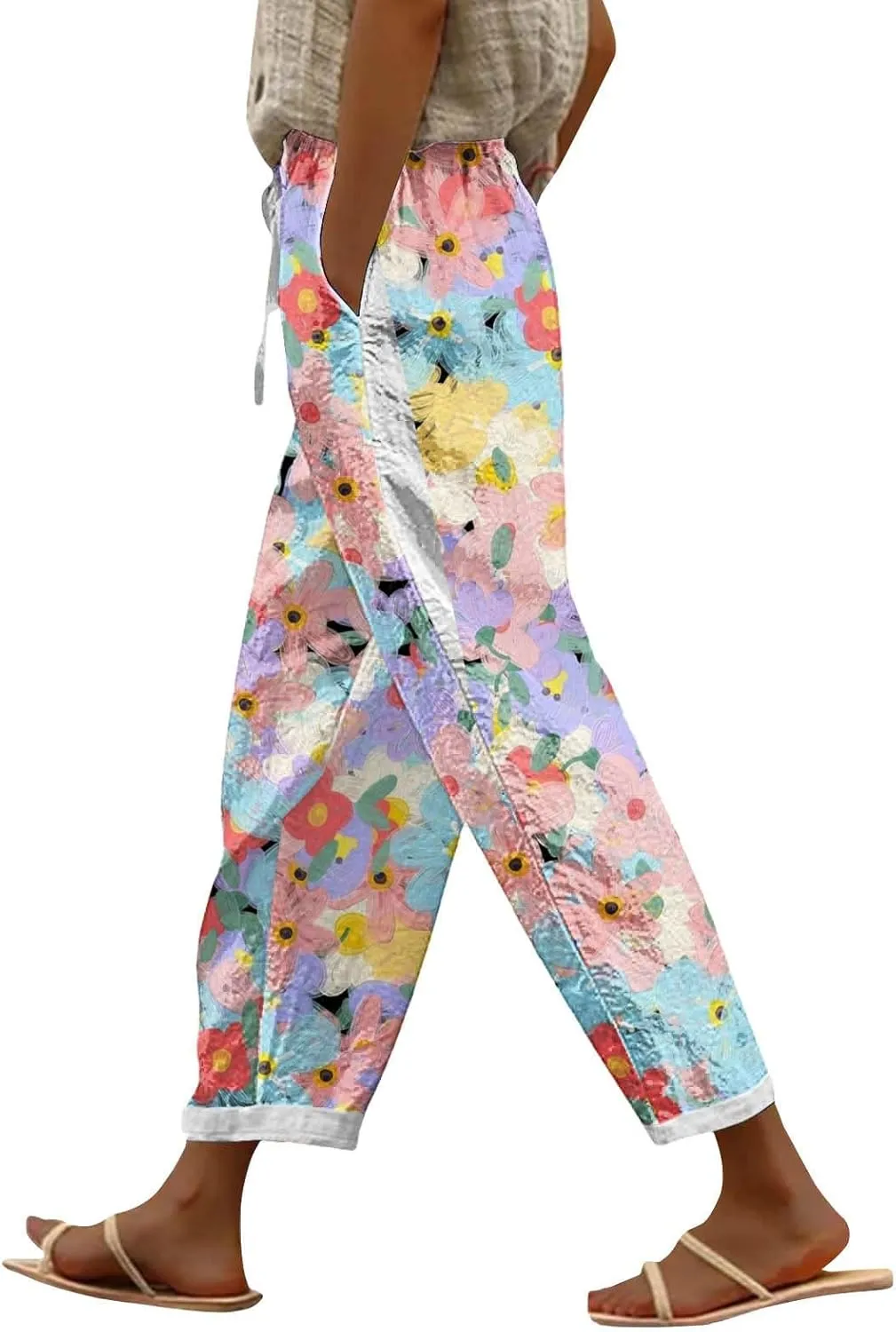Womens Boho Cotton Linen Trouser Floral Printed Elastic Waist Pull On Summer Beach Pants Plus Size Wide Leg Harem Pants