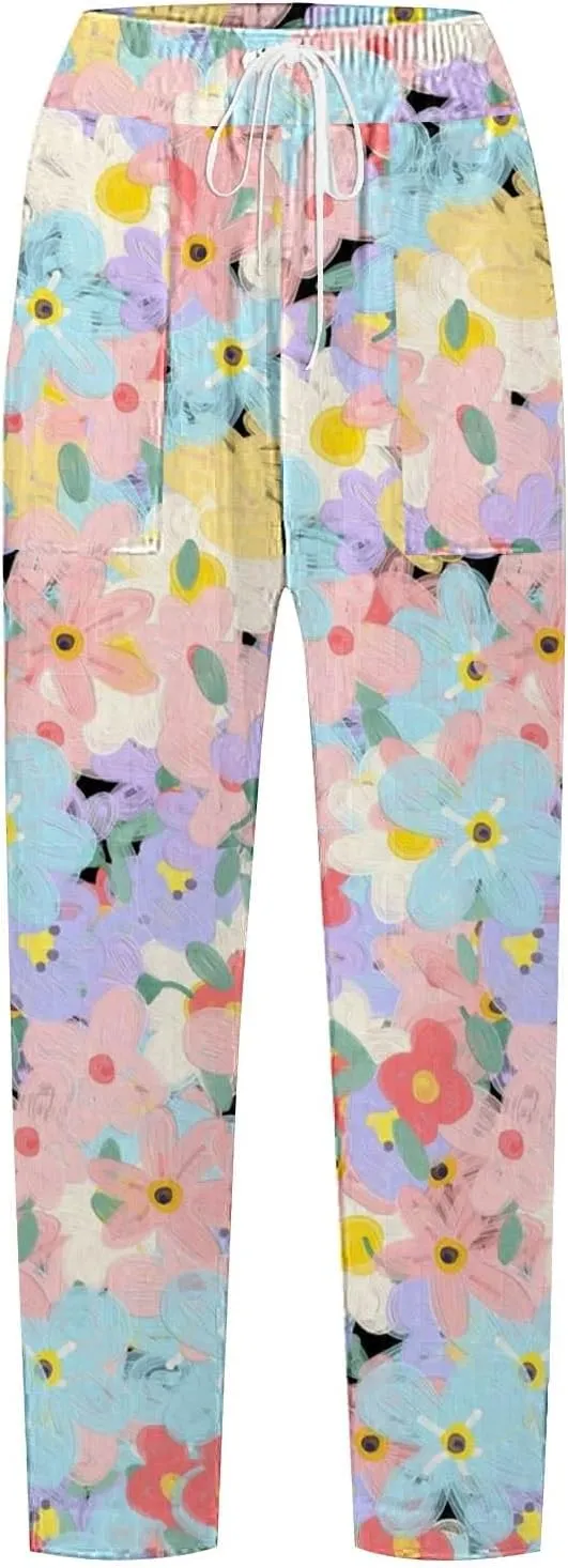Womens Boho Cotton Linen Trouser Floral Printed Elastic Waist Pull On Summer Beach Pants Plus Size Wide Leg Harem Pants
